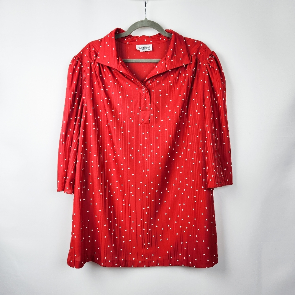 Vintage Red Kathy W Heart Print Blouse with Puff Sleeves; Women's 1X